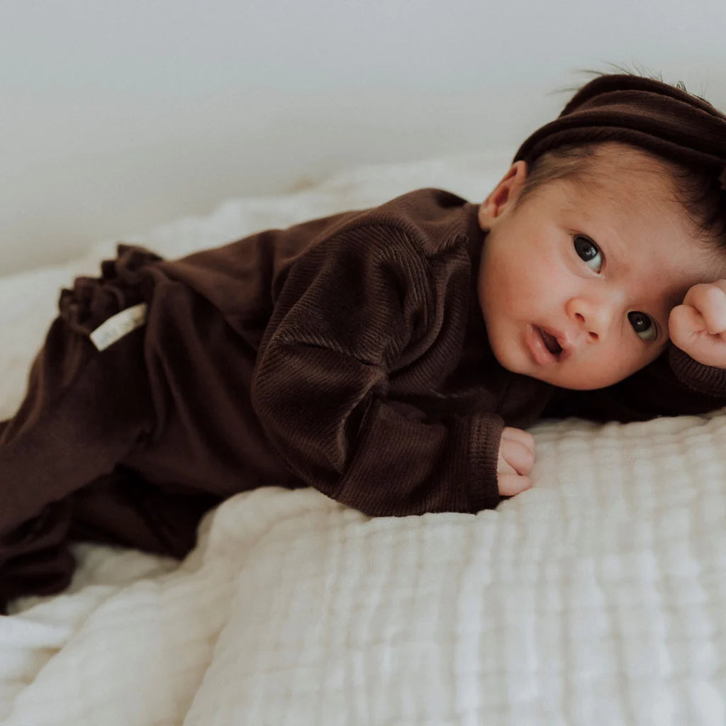 3 Little Crowns - My First Outfit - Corduroy Flutterbum & Top Knot - Chocolate - Newborn