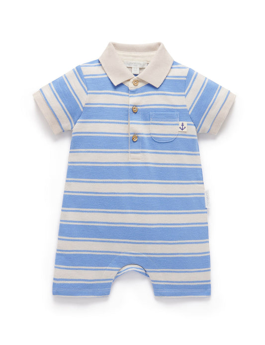 Purebaby - Striped Polo Growsuit - Ocean Stripe