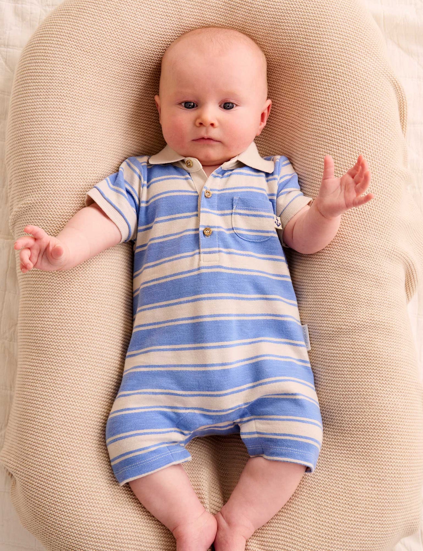 Purebaby - Striped Polo Growsuit - Ocean Stripe