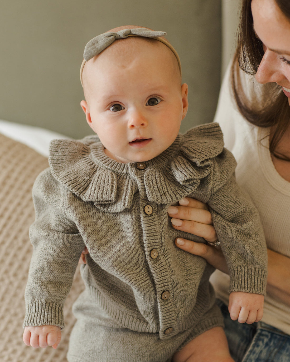 Quincy Mae - Ruffle Collar Cardigan - Basil