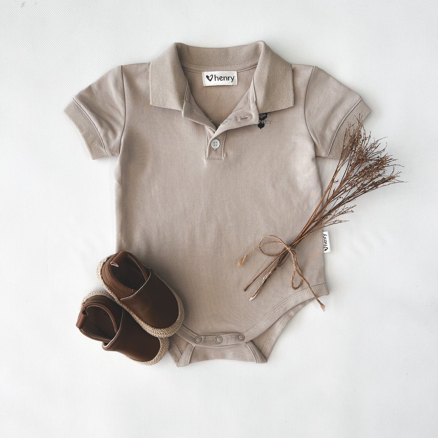 Love Henry- Baby Boys Polo Romper - Dusty Beige