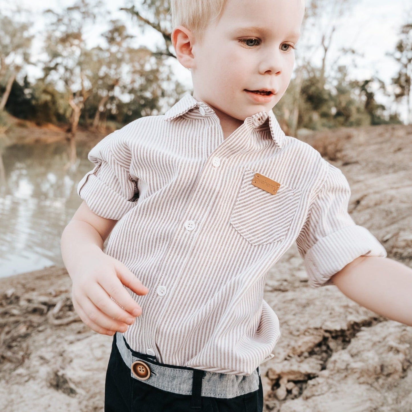 Love Henry- Boys Dress Shirt - Beige Pinstripe