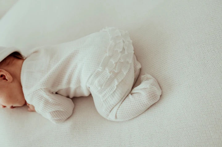 3 Little Crowns - My First Outfit - Flutterbum Footed Overalls & Top Knot  - Powder White - Newborn